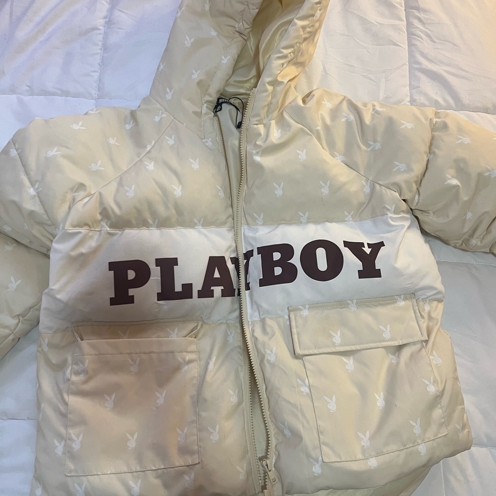 Cream & Brown Missguided Playboy Bunny Puffer Coat
